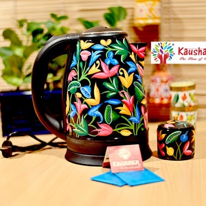 Electric Tea Kettle Hot Water Kettle for Tea and Coffee, Kaushalam Hand Painted Kashmiri Art Kettles, Fathers Day Gift for Art Tea lovers, image 1