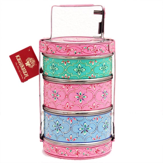 Lunch Box Tiffin Indien 3 Étages - Boîte à Repas Dorée Avec Poignée - Jamais Utilisé
