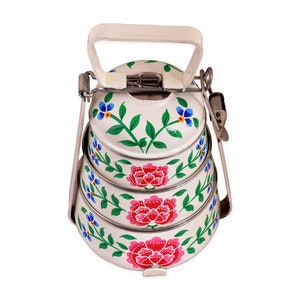 Lancheira de 3 camadas pintada à mão Kaushalam Arte da Caxemira - Um dabba, ou porta-tiffin de estilo indiano/Presente para ela/Caixa de Bento