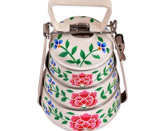 Hand Painted Kashmiri Art Tiffin Box: 3-Tier Stainless Steel Lunch Box