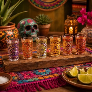 May include: A set of six clear glass shot glasses arranged in a row on a rustic wooden plank. Each glass features intricate, colorful painted patterns in purple, orange, green, yellow, and red, with small raised dots and floral-inspired designs.