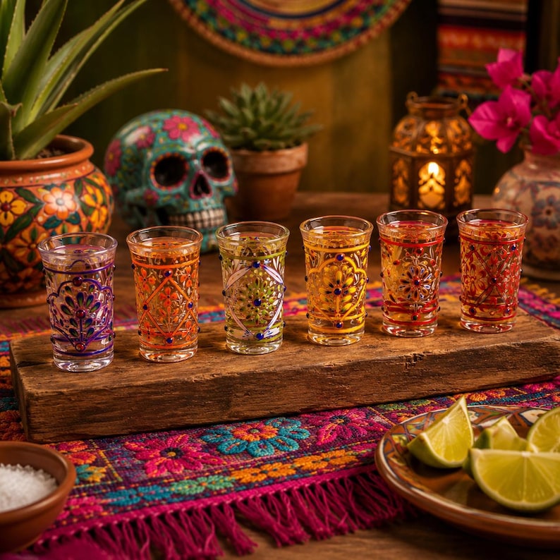 May include: A set of six clear glass shot glasses arranged in a row on a rustic wooden plank. Each glass features intricate, colorful painted patterns in purple, orange, green, yellow, and red, with small raised dots and floral-inspired designs.