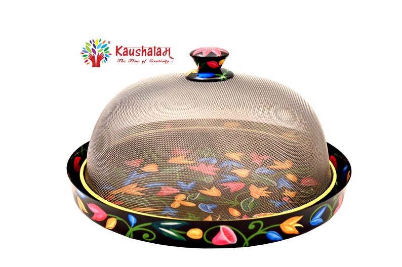Food shops cover - Hand painted Cloche with round Steel Tray : Dome food cover of wire mesh with handle and Round Serving plate