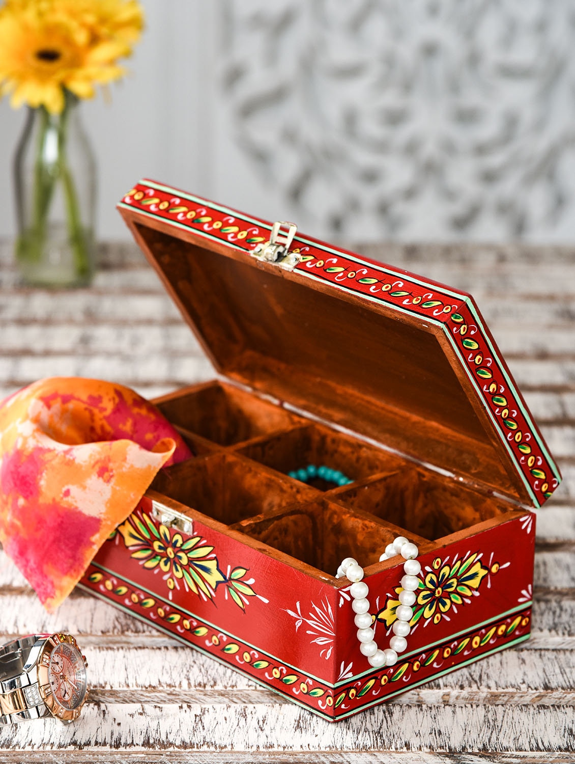 Hand Painted Tea Box: Indian Handicraft Wooden Box With 6 Sections