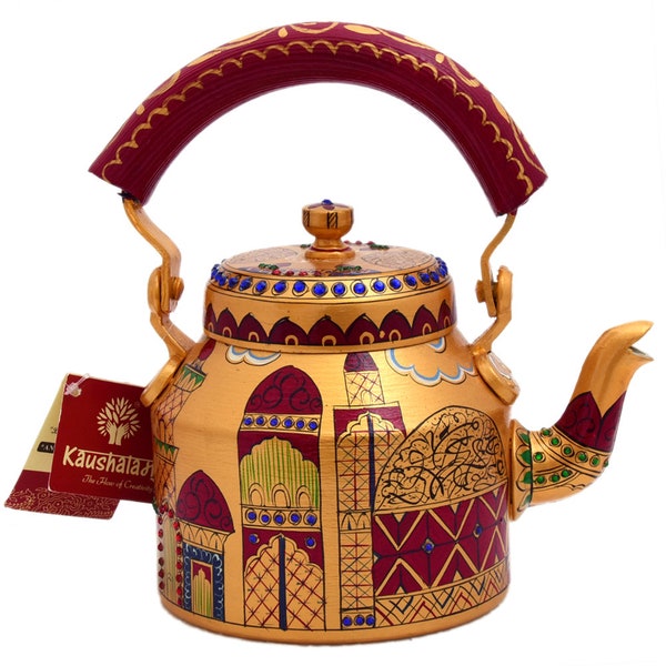 Kaushalam Hand painted tea Kettle : The Mosque- Gold and Maroon, Blue  with crystals,  Mediterranean Painting, Eid Gift