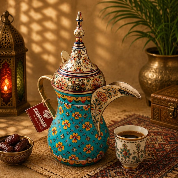 Handbemalte Messing Arabische Kaffeekanne: Türkis Kashmiri Kahawa Dallah