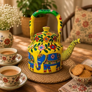 May include: A bright yellow metal teapot featuring hand-painted blue elephants and colorful floral patterns. The kettle has a curved handle, a matching lid, and a spout with black geometric detailing, showcasing vibrant folk art motifs.