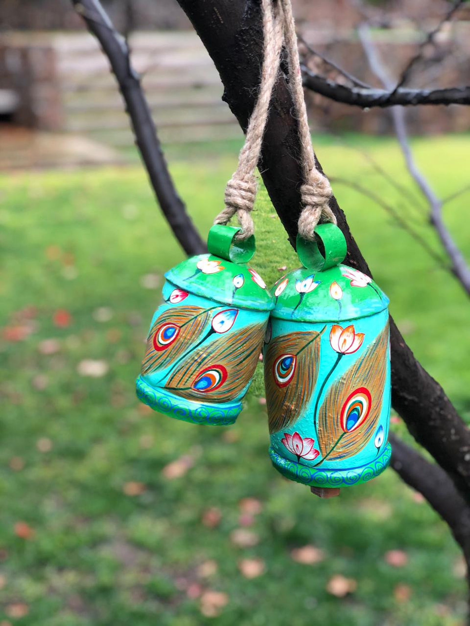 Hanging Bells Set of 2hand Painted Cow Bells Summer Patio Etsy