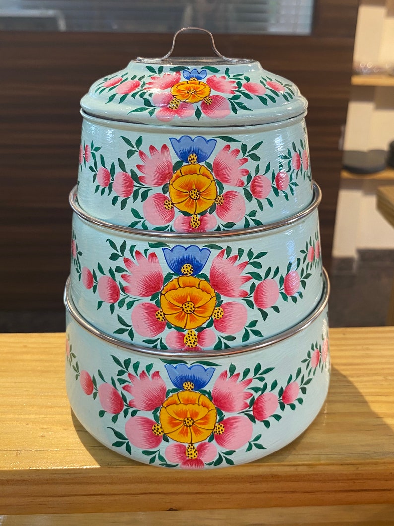 Kaushalam Hand Painted 3 Tier Lunch Box, Indian Dabba, Stainless Steel Eco-Box, 3 Food Containers Tiffin, Food Grade Containers image 3