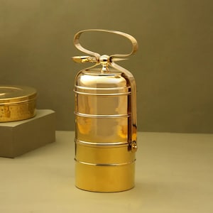 Handmade Brass Tiffin Lunch Box: 3-Tier Food Carrier with Spoon