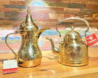 Brass Tea Kettle and Dallah set ,Engraved artistic stove top, Cook and serve Tea Kettle and coffee pot, Tea & coffee maker