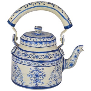 Hand-Painted Tea Kettle: Royal Jaipur Mughal Art Home Decor, Blue & White Tea Pot