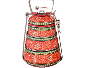 Three Tier Lunch Box, Kaushalam Hand Painted Tiffin Carrier Indian Dabba, Stainless Steel Eco-Box, 3 Food Containers Picnic Box I Food Grade