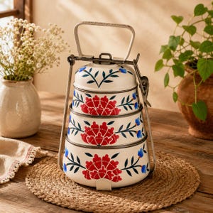 Hand Painted 3 Tier Lunch Box: Kashmiri Art Tiffin Carrier