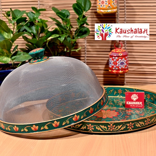 Hand painted Cloche with round steel tray:Dome food cover of wire mesh and plate, Emerald Green and Gold Butterfly Dome and Cake/Pastry Tray
