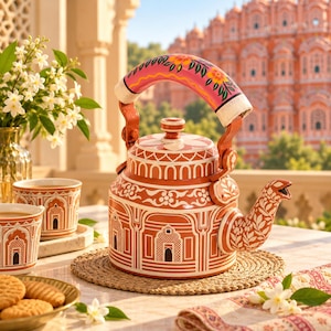 May include: A terracotta-colored metal tea kettle featuring intricate white architectural patterns and a pink handle adorned with floral motifs. The kettle has a matching lid and a curved spout, accompanied by two matching tea cups.