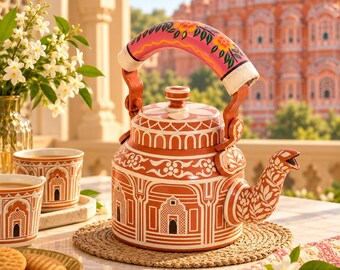 May include: A terracotta-colored metal tea kettle featuring intricate white architectural patterns and a pink handle adorned with floral motifs. The kettle has a matching lid and a curved spout, accompanied by two matching tea cups.