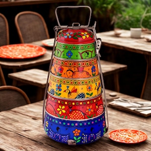 Hand-Painted Steel Tiffin Carrier: 5-Tier Pyramid Colorful Lunchbox