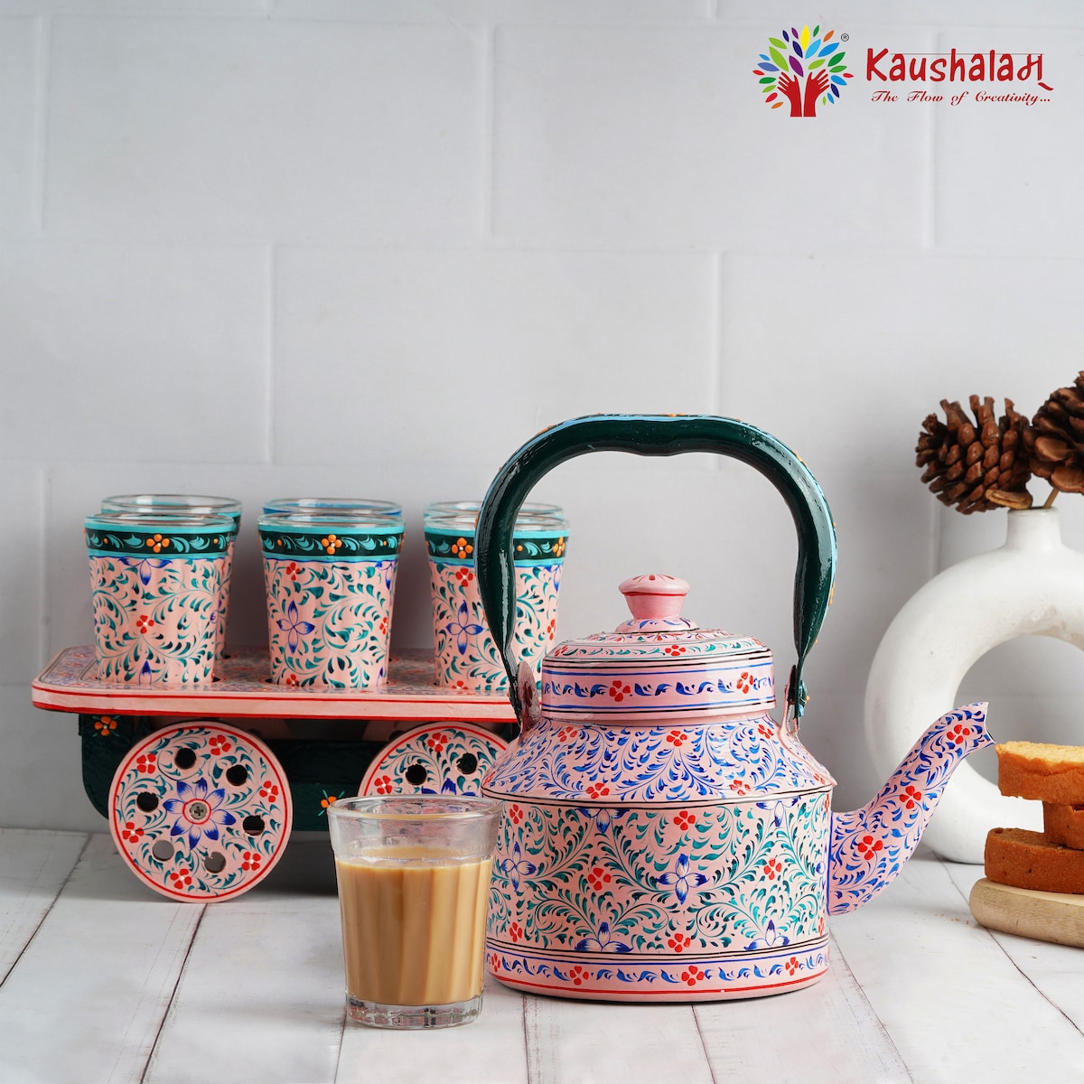 Hand Painted Tea Set Induction Friendly Stainless Steel Tea Kettle, Moving Cart , 6 Tea Glasses, Pink City Tea Cart Set, Mother's Day Gift - Etsy