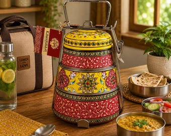 Hand Painted 3 Tier Tiffin Box: Indian Dabba Lunchbox