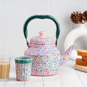 Hand Painted Stainless Steel Tea Kettle : Pink City | Mughal Painting | Indian Pot