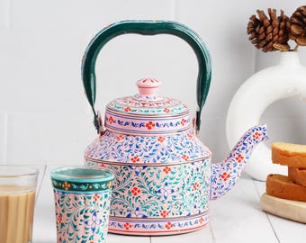 Hand Painted Stainless Steel Tea Kettle : Pink City | Mughal Painting | Indian Pot