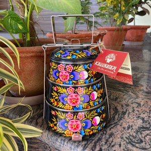 Kaushalam Hand Painted 3 Tier Lunch Box, Indian Dabba, Stainless Steel Eco-Box, 3 Food Containers Tiffin, Food Grade Containers image 5
