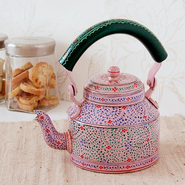 Hand Painted Tea Kettle: Mughal Art, Pink City Design