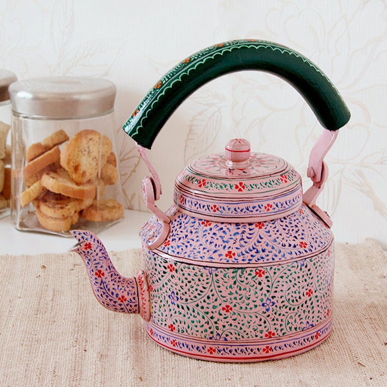 Hand Painted Tea Kettle : Pink City, Festive Gift, Gift for Her, Spring Tea Pot, Induction Tea Kettle, Mother's Day Gift image 1