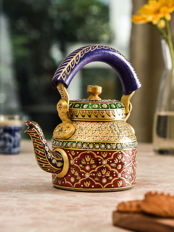 Kaushalam Hand Painted Tea Kettle Meraki Traditional Hand Painted Tea Pot, Induction  Tea Kettle 