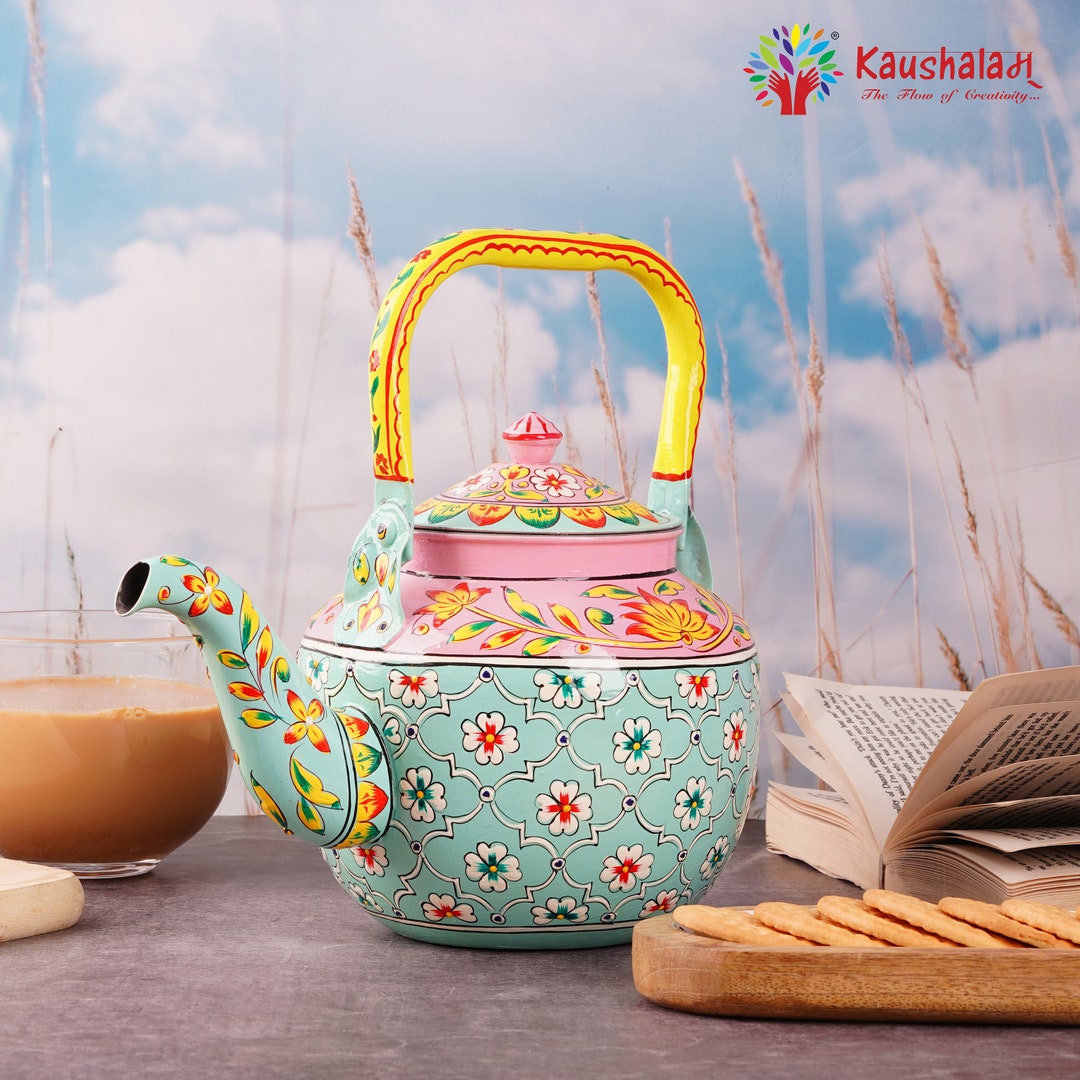 Hand Painted Stainless Steel Tea Kettle: Mughal Art Induction