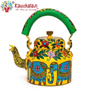 Indian Tea Pot Hand Painted Tea Kettle - Blue Elephant Painting Folk Art of India, Madhubani Tea Brewer Pot, Indian Elephant Tea Pot