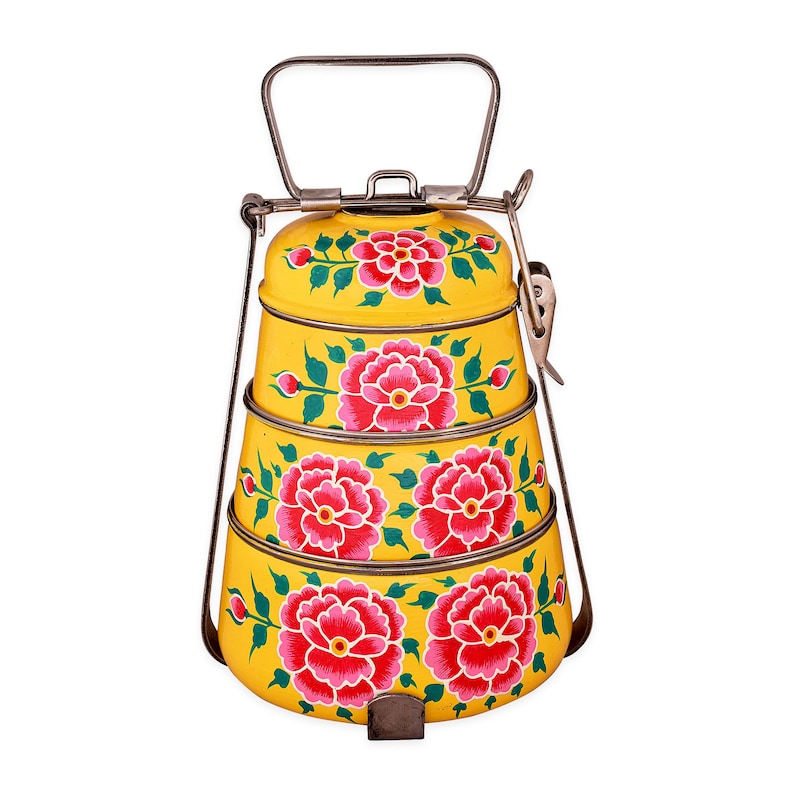 Kaushalam hand painted 3 tier lunch box Kashmiri art - A dabba, or Indian-style tiffin carrier, Gift for her, Lunch time Fun, Yellow