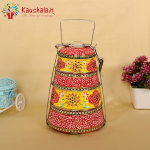 Hand Painted Stainless Steel Tiffin: 4-Tier Indian Lunch Box