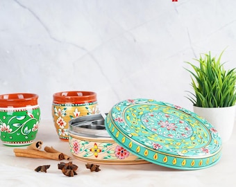 Hand-Painted Steel Spice Container Box – Masala Box, Spice Containers, Indian Masala Daani, Mouth Fresheners Case