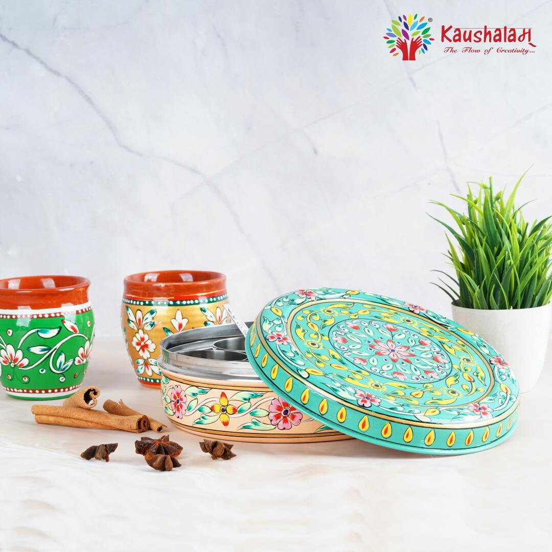 Hand-painted Steel Masala Box: Indian Spice Container With Mughal