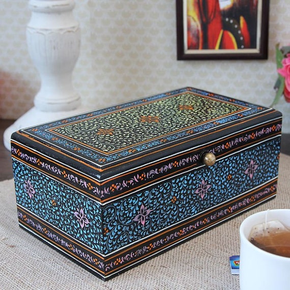 Hand Painted Mango Wood Tea Box: 6-Section Black Tea Storage