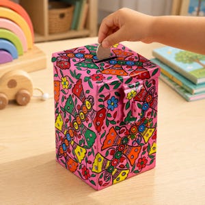 May include: A rectangular metal money box featuring a vibrant pink base color with a hand-painted floral and geometric pattern in shades of red, yellow, green, orange, and blue. The box includes a hinged lid with a coin slot and a metal latch.