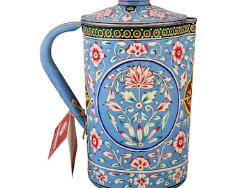 Hand Painted Water Pitcher with Lid: Sky Blue Mughal Art, 2 Liter
