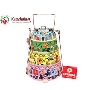 Bento Box-Kaushalam Pintada à Mão Pirâmide de 3 Camadas Lancheira Tribal Folk Pintura Indiana, Mumbai Dabba, Estilo Indiano 3 Recipientes Tiffin Carrier
