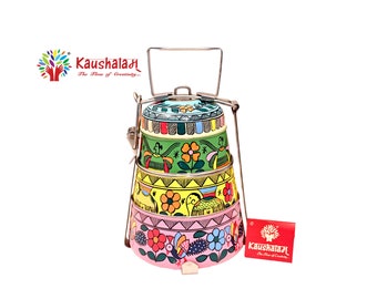 Hand Painted Bento Box: 3-Tier Indian Tiffin Carrier