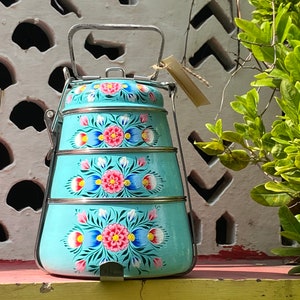 Caixa de almoço de 3 andares pintada à mão, arte da Caxemira - Um dabba, porta-tiffin de estilo indiano, presente para ela, caixa de almoço de escritório, azul turquesa