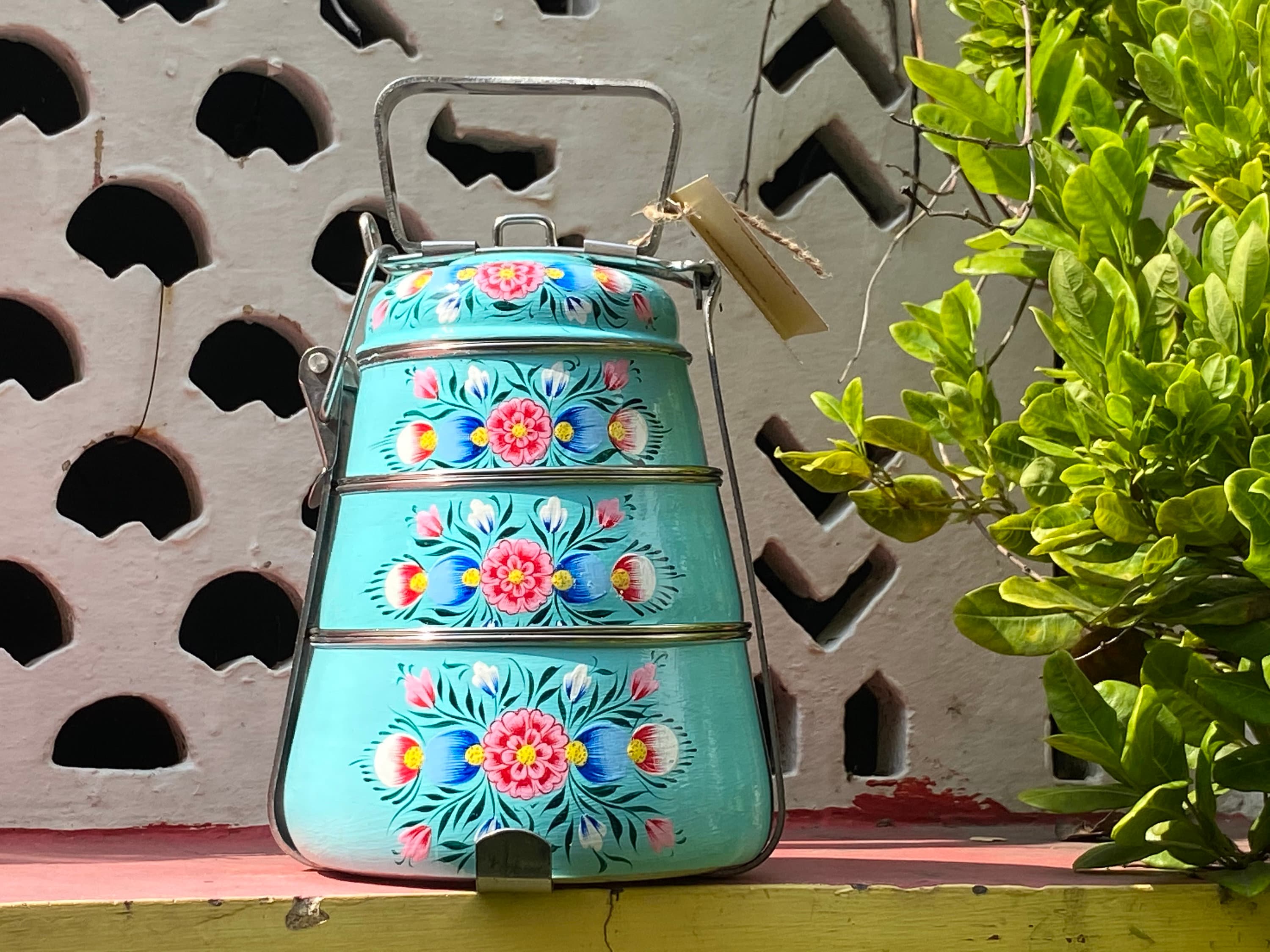 Hand painted 3 tier lunch box Kashmiri art -A dabba,Indian-style tiffin carrier, Gift for her, Office lunch box, Turquoise blue