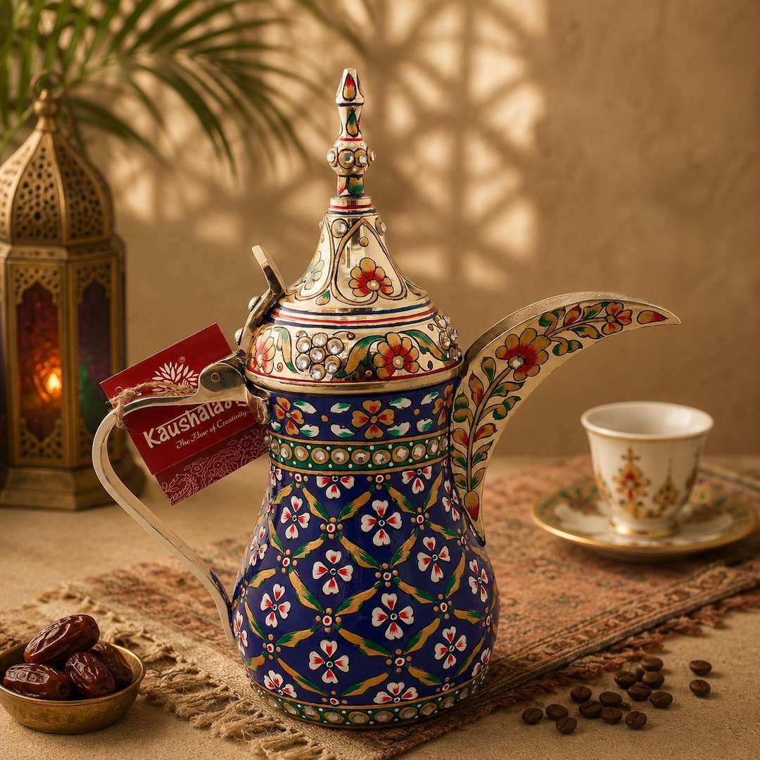壺 中国製　金窯焼　手造品 祥?陶　金窯焼 Hand-painted Brass Arabic Coffee Pot: Blue & Gold Dallah Kettle - Etsy