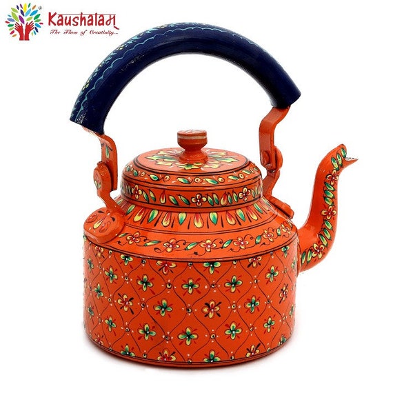Tea Kettle Kaushalam Hand Painted Tea Kettle : Orange Delight, Painted in  Embossed Floral Mughal Art,washable Tea Pot 