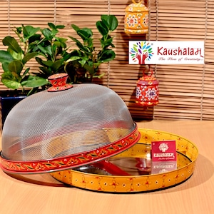Hand painted Cloche Mesh Food Screen Bug Cover And Round Steel Tray , Dome food cover of wire mesh and Round Metal Serving Plate