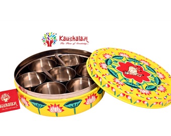 Spice Container Kaushalam Hand Painted washable Steel Yellow Cow and Lotus Pichwai Folk Art Round Spice Box with 7 Bowls and 2 Spoons
