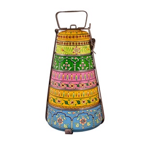 Kaushalam hand painted 5 tier steel pyramid tiffin carrier: Mughal garden A dabba, or Indian-style Lunch box, Meal for family, Picnic box