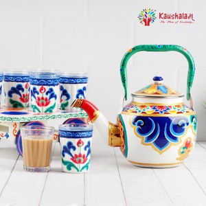Handgeschilderd wit theeservies - Inductievriendelijke stalen ketel met theekar en 6 theeglazen, housewarming cadeau, artistiek kerstcadeau