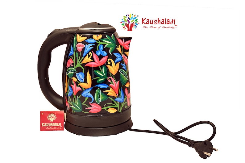 Electric Tea Kettle Hot Water Kettle for Tea and Coffee, Kaushalam Hand Painted Kashmiri Art Kettles, Fathers Day Gift for Art Tea lovers, Black